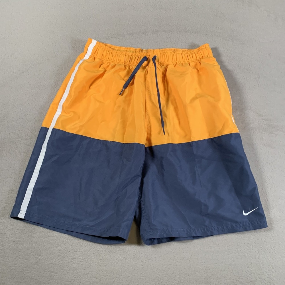 Nike Swim Shorts Mens Small Yellow Navy Blue Drawstring Lined Quick Dry NESSA568